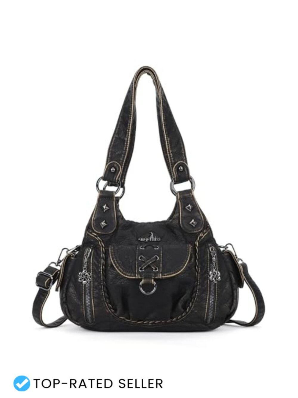 Vegan Leather Hobo Shoulder Bag Multi-Pocket Crossbody Tote with Studs